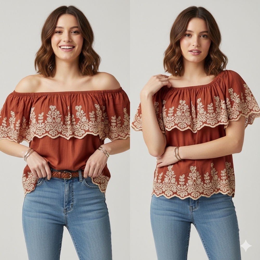 Boho Terracotta Rust Eyelet Embroidered Off-Shoulder Top M Prairie Cottagecore